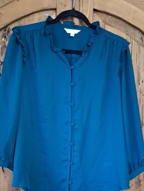 LC Lauren Conrad Teal Button-Front Ruffle Blouse